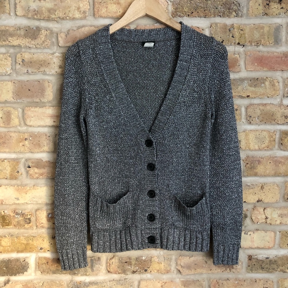 J. Crew Sparkly Metallic Silver Chunky V-Neck Cardigan